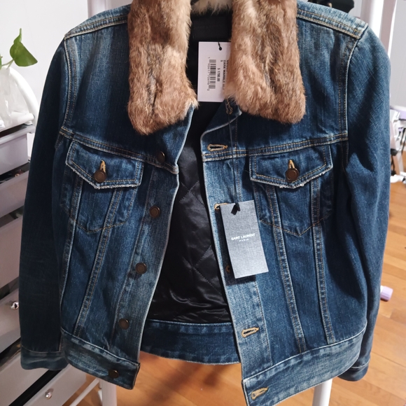 Yves Saint Laurent Blue Jean Jacket with Brown Fur Collar Small